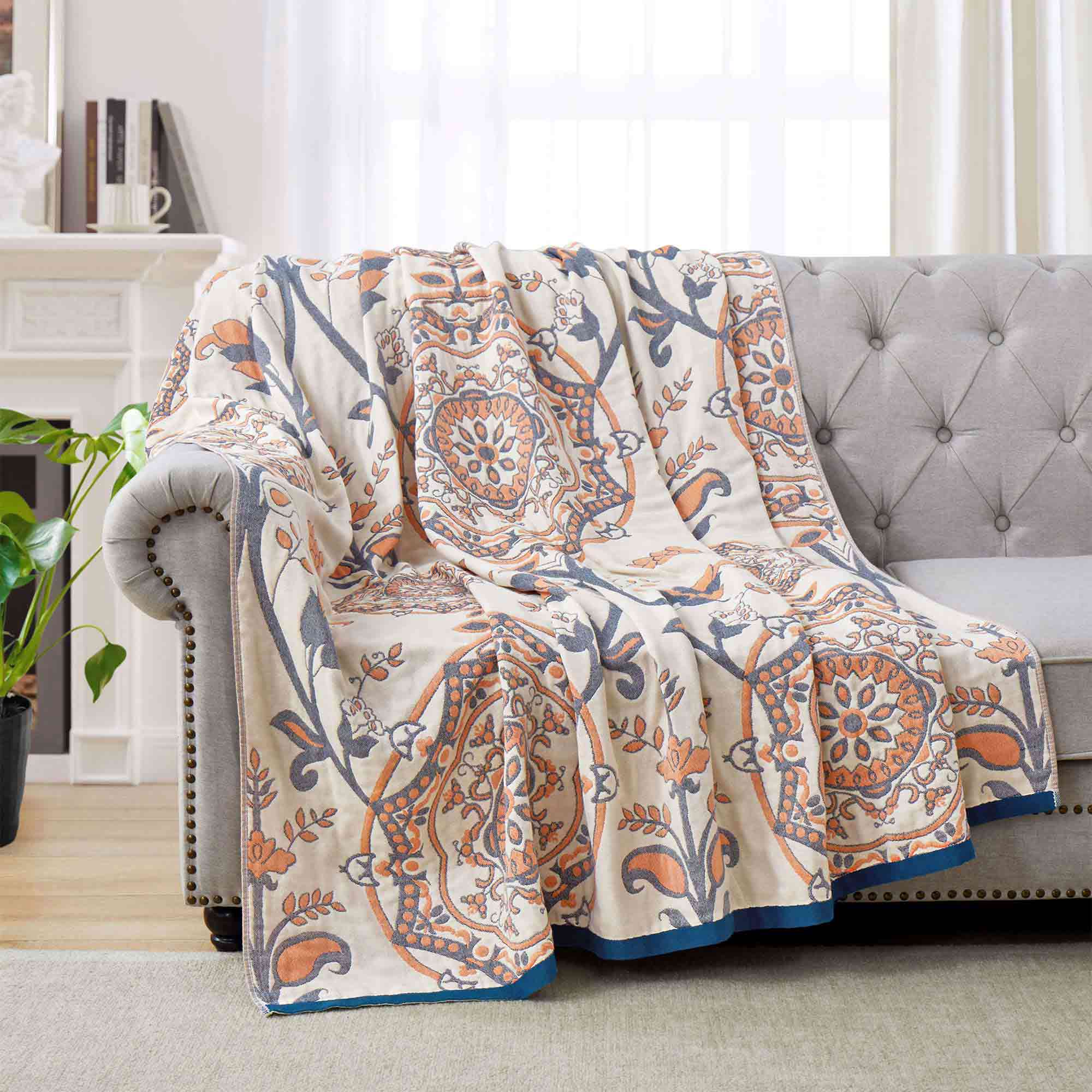 Boho Medallion Cotton Throw Blanket – Terracotta & Blue