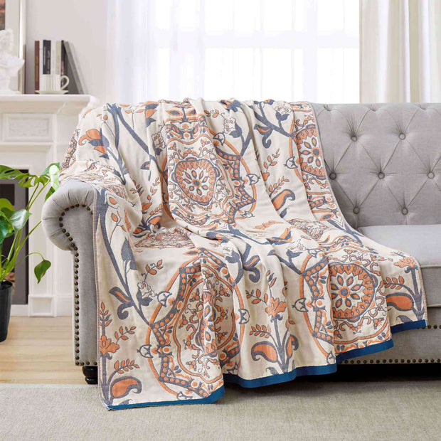 Boho Medallion Cotton Throw Blanket – Terracotta & Blue