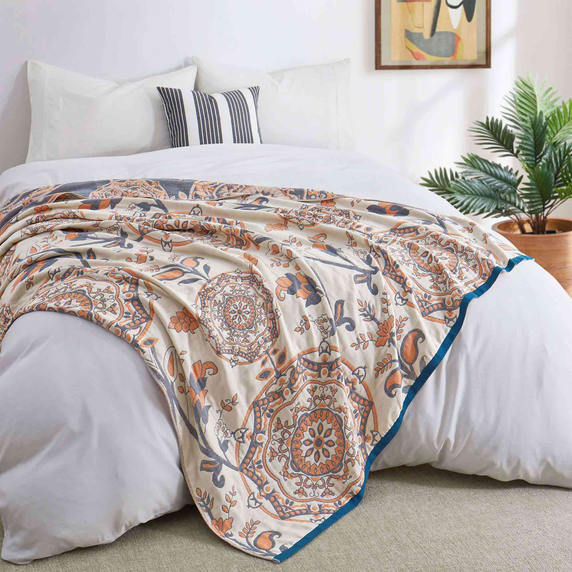 Boho Medallion Cotton Throw Blanket – Terracotta & Blue