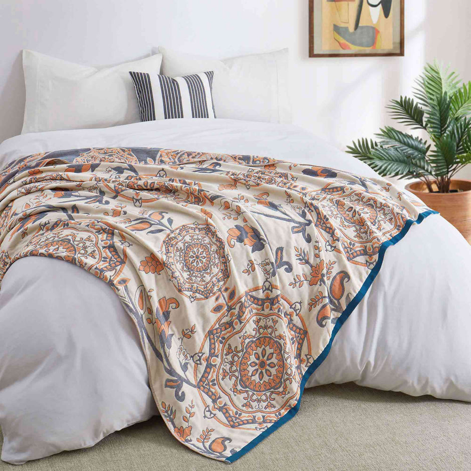 Boho Medallion Cotton Throw Blanket – Terracotta & Blue