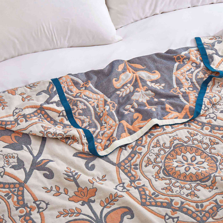 Boho Medallion Cotton Throw Blanket – Terracotta & Blue