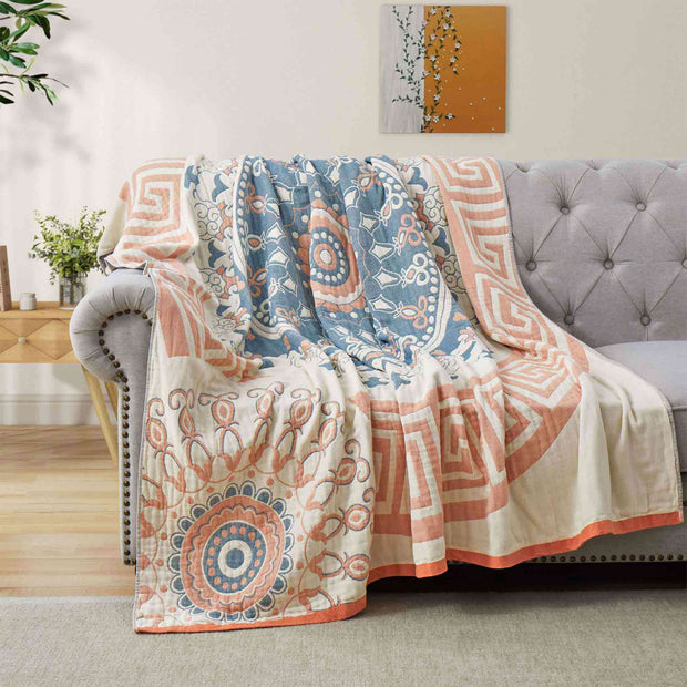 Boho Cotton Jacquard Throw Blanket – Coral & Blue Mist