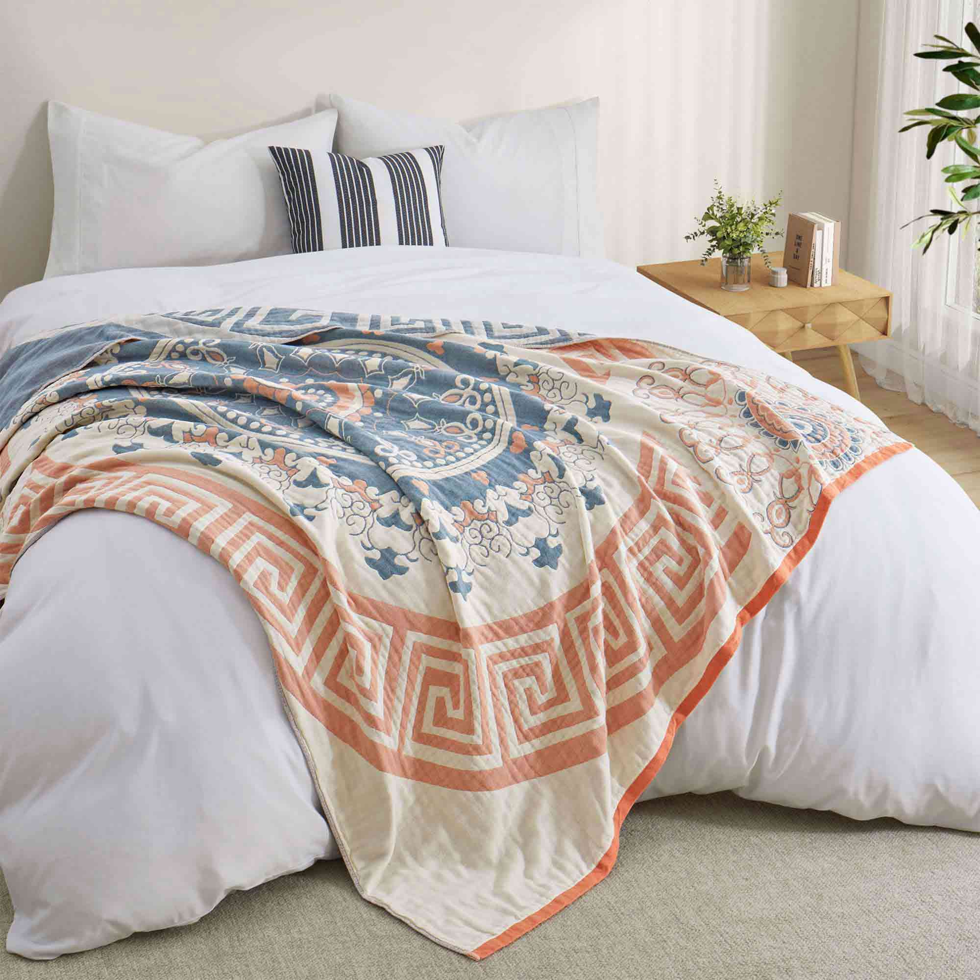 Boho Cotton Jacquard Throw Blanket – Coral & Blue Mist