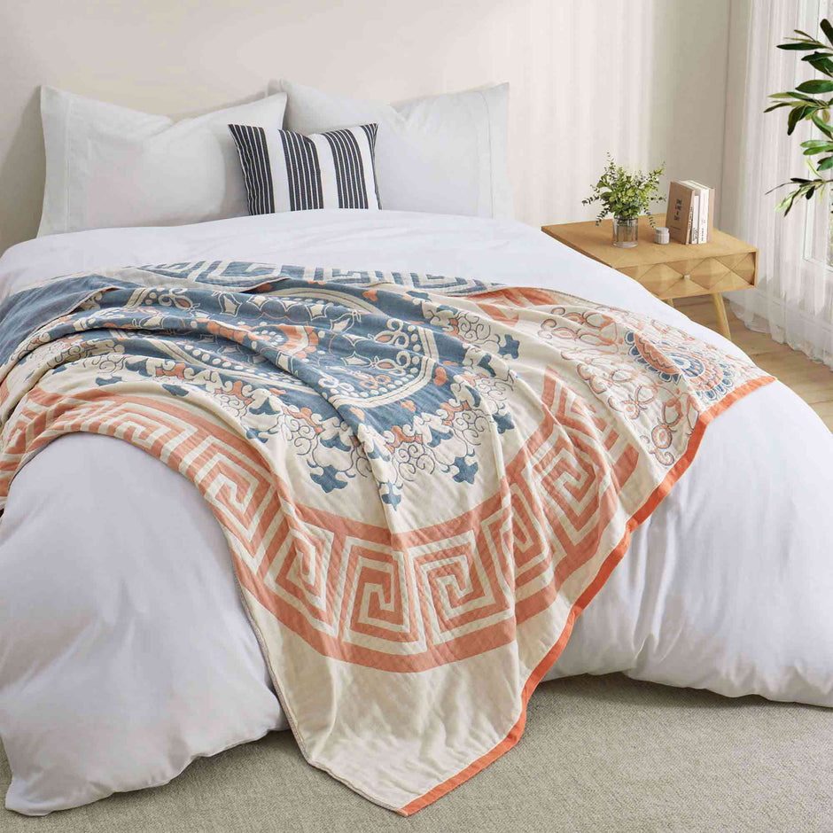 Boho Cotton Jacquard Throw Blanket – Coral & Blue Mist