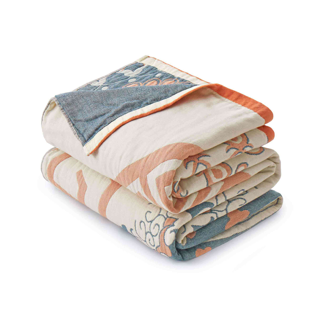 Boho Cotton Jacquard Throw Blanket – Coral & Blue Mist