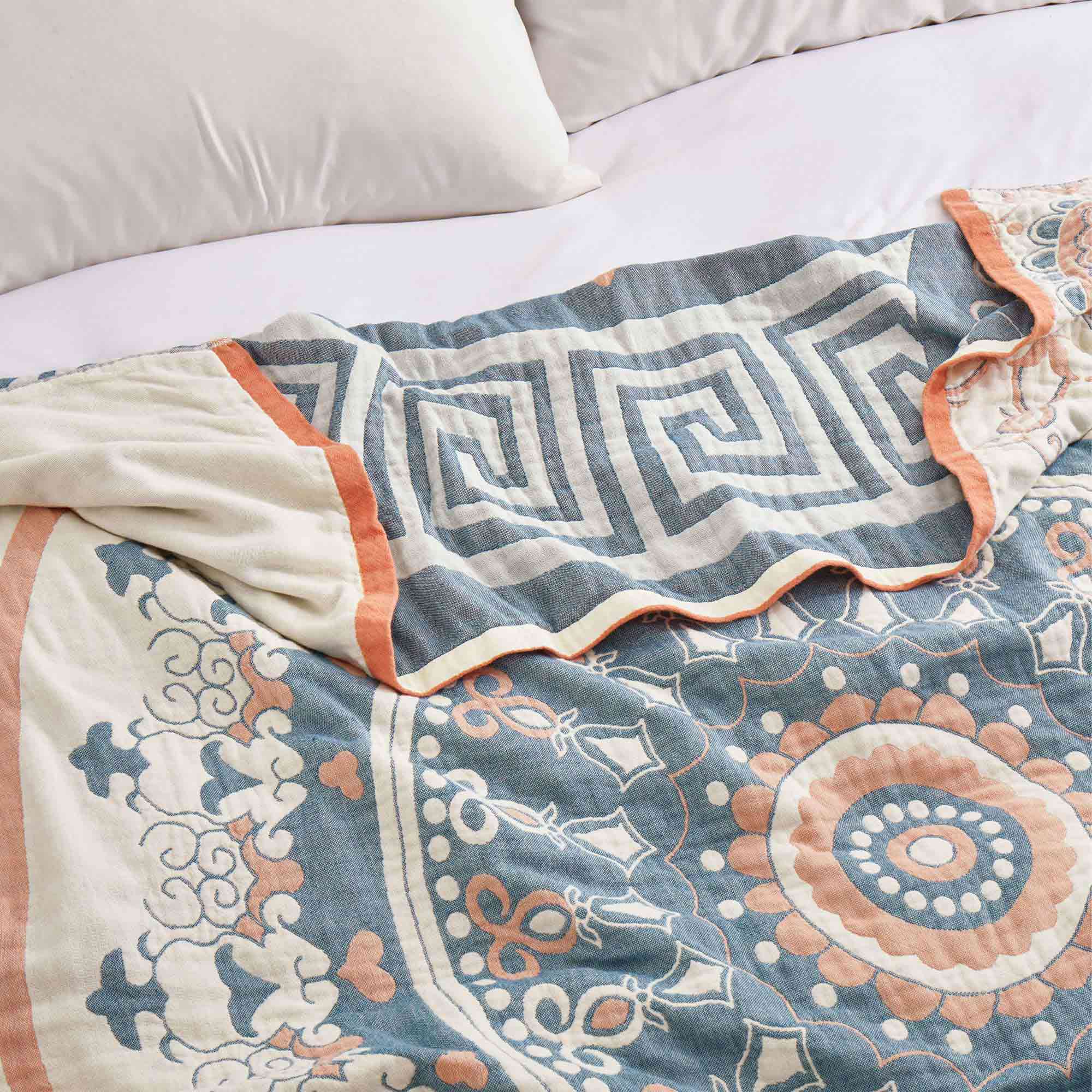 Boho Cotton Jacquard Throw Blanket – Coral & Blue Mist