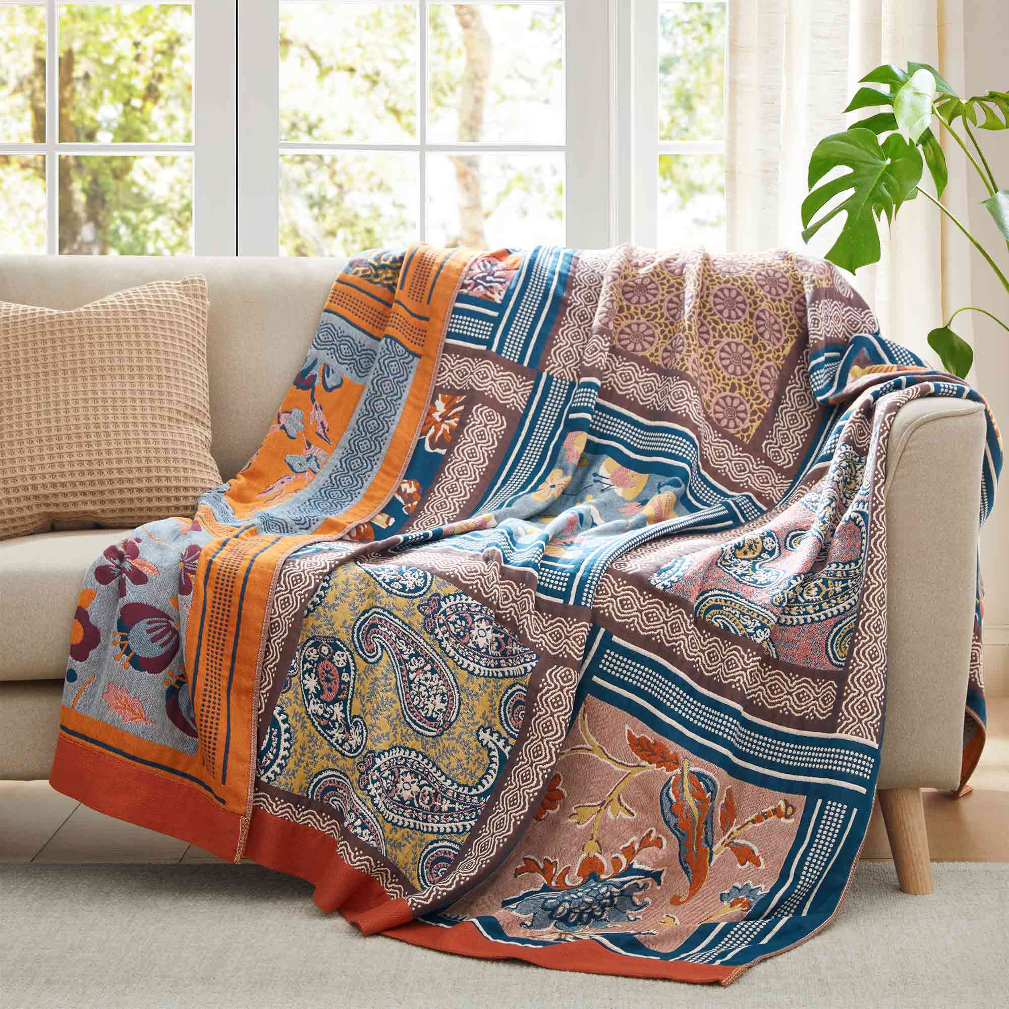 Boho Paisley Cotton Throw Blanket – Rust & Teal