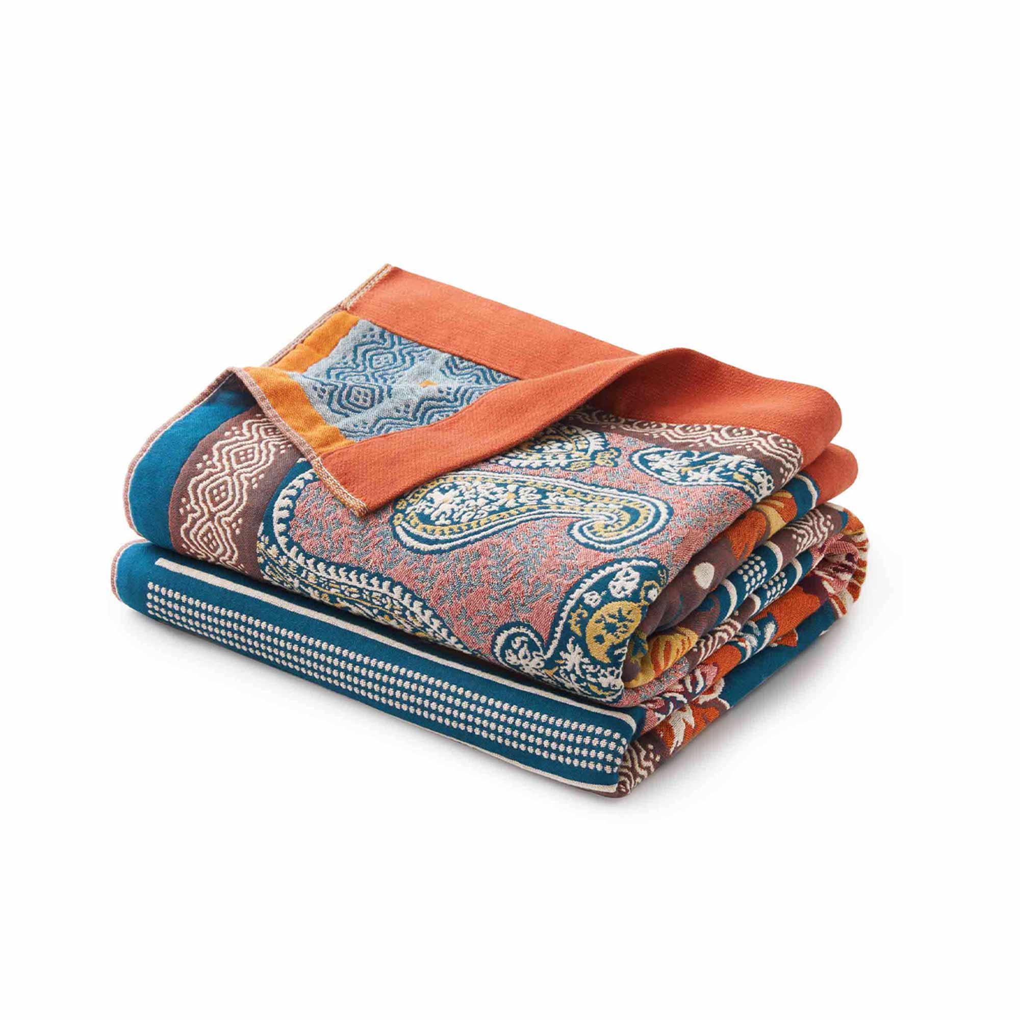 Boho Paisley Cotton Throw Blanket – Rust & Teal