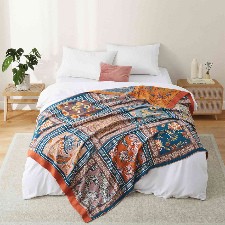 Boho Paisley Cotton Throw Blanket – Rust & Teal