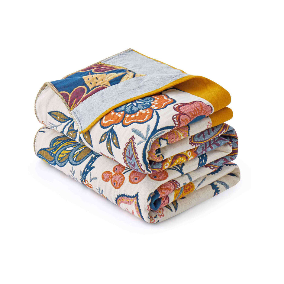 Boho Floral Medallion Cotton Throw Blanket – Mustard & Cream