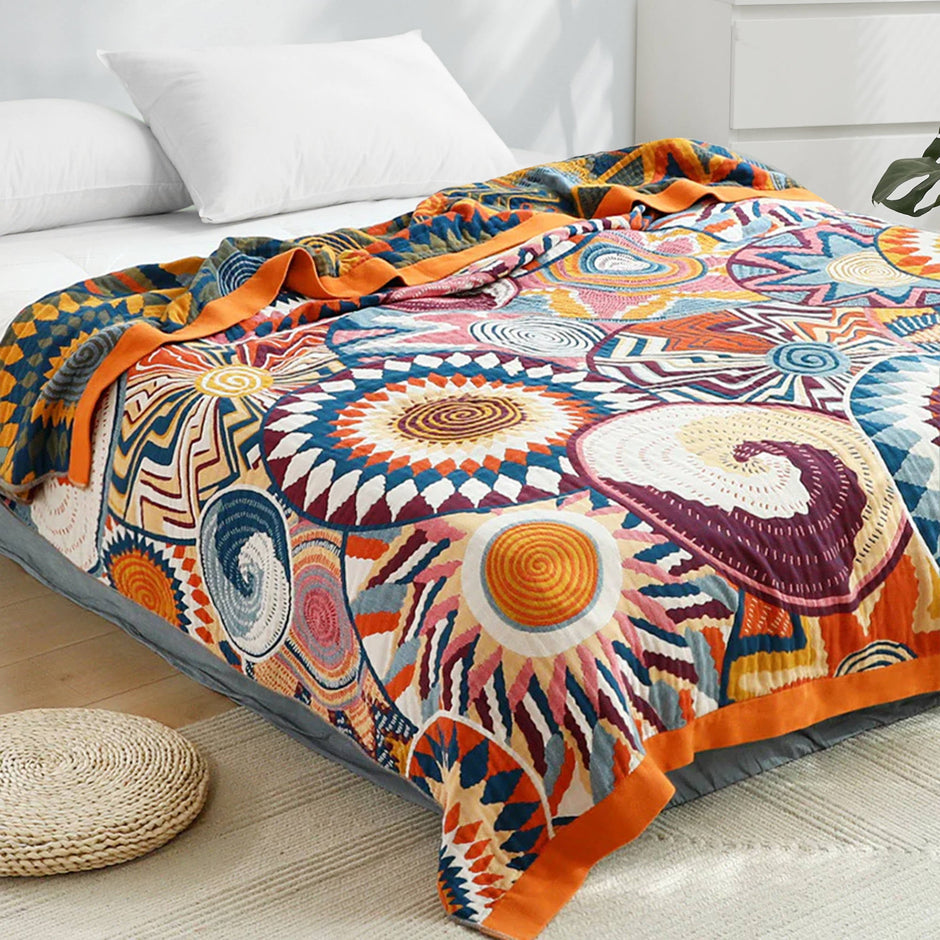 Boho Geometric Cotton Jacquard Throw Blanket – Multicolor Sunset