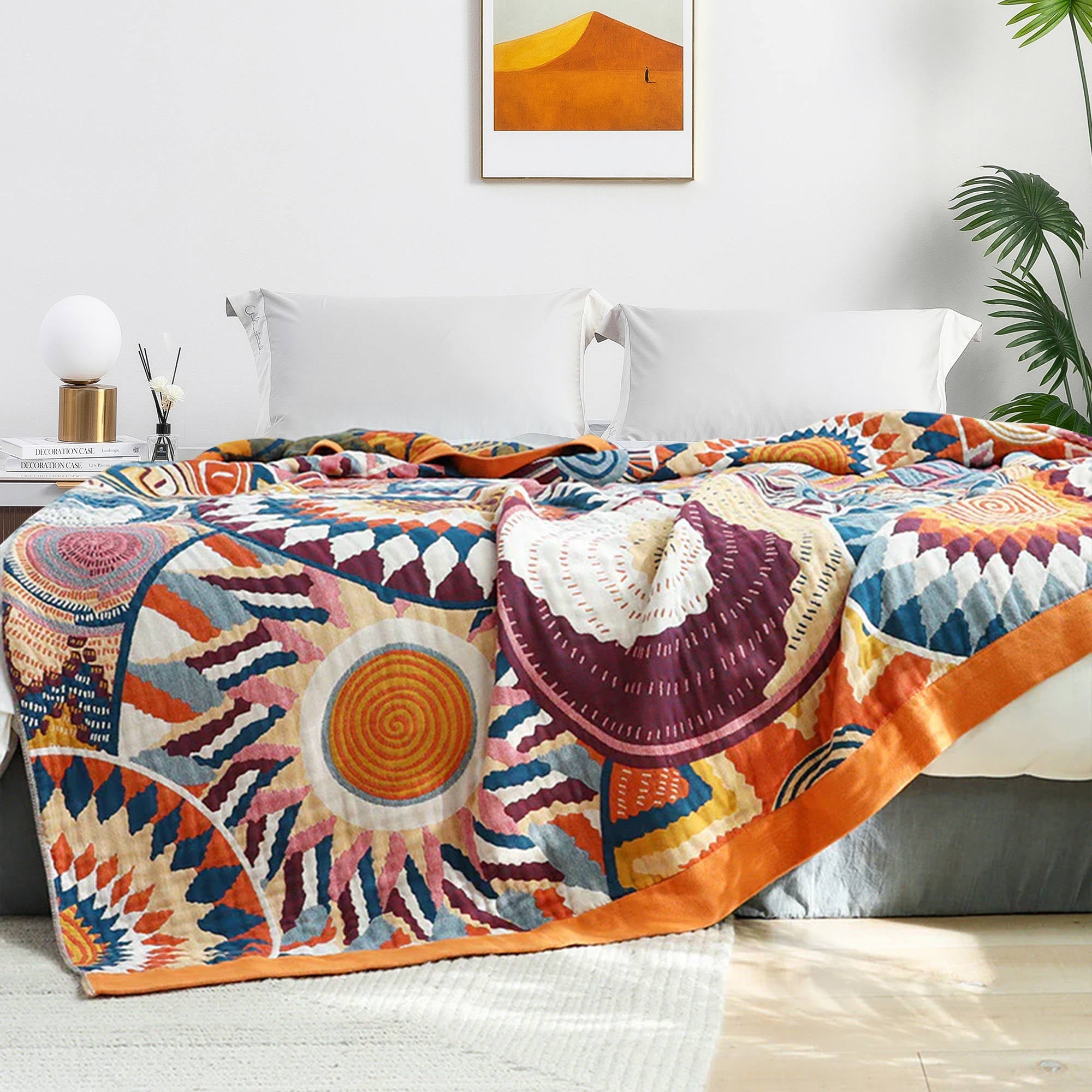 Boho Geometric Cotton Jacquard Throw Blanket – Multicolor Sunset