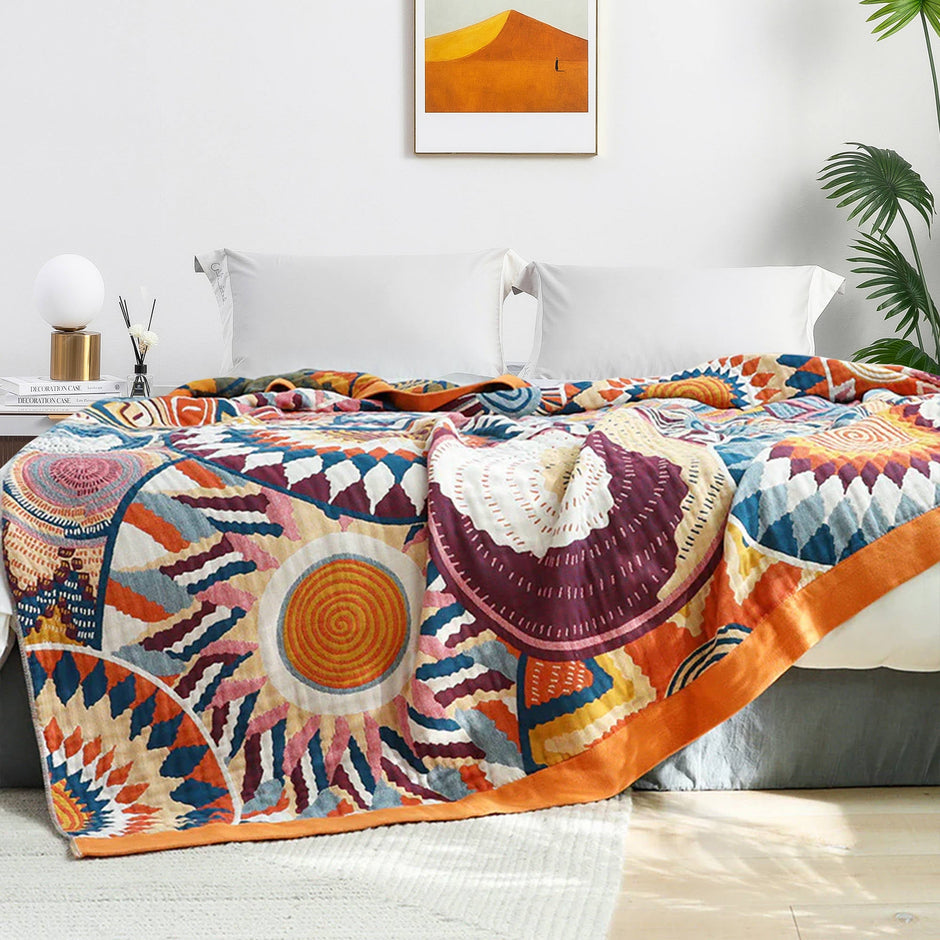 Boho Geometric Cotton Jacquard Throw Blanket – Multicolor Sunset