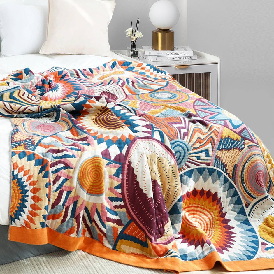 Boho Geometric Cotton Jacquard Throw Blanket – Multicolor Sunset