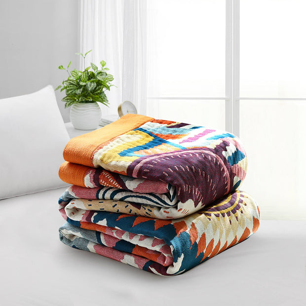 Boho Geometric Cotton Jacquard Throw Blanket – Multicolor Sunset