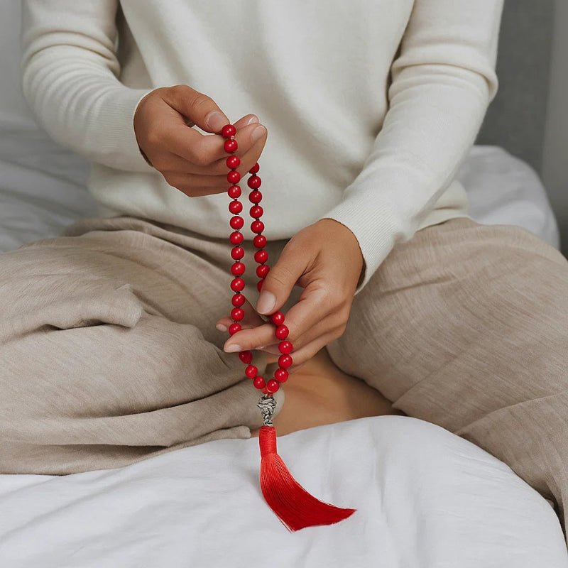 Red Turquoise Prayer Beads – 108 Mala Necklace with Tassel