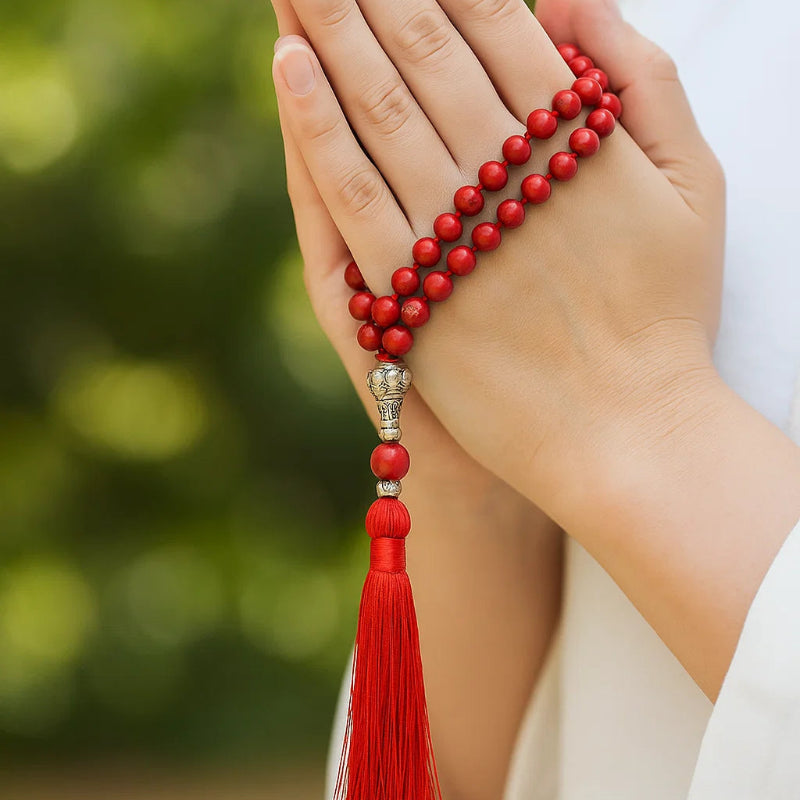 Red Turquoise Prayer Beads – 108 Mala Necklace with Tassel