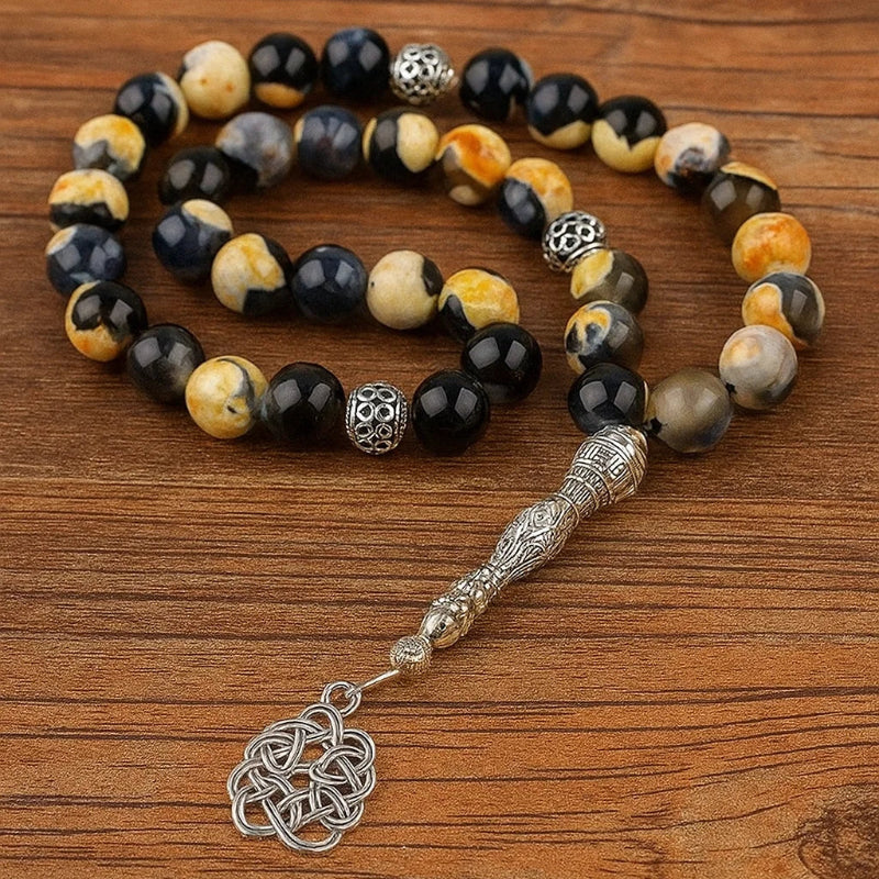 Agate Tasbih Prayer Beads – 33 Beads with Metal Tassel