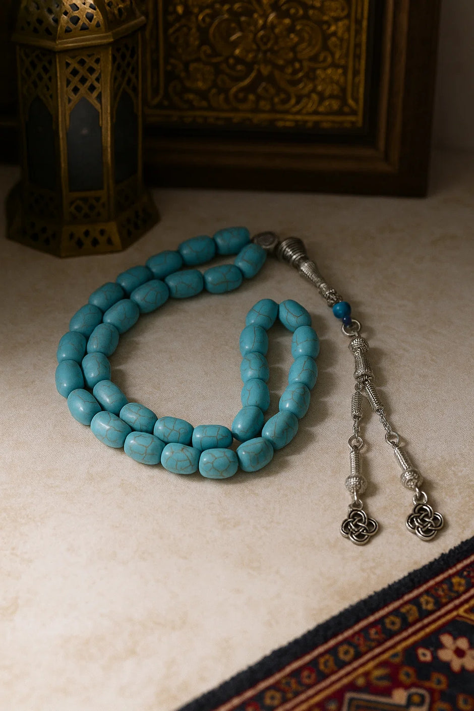 Blue Turquoise Tasbih — 33 Beads, Silver Tassel