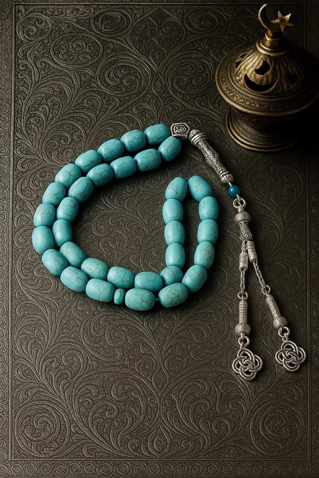 Blue Turquoise Tasbih — 33 Beads, Silver Tassel