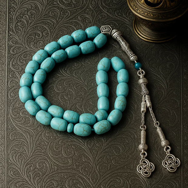Blue Turquoise Tasbih — 33 Beads, Silver Tassel