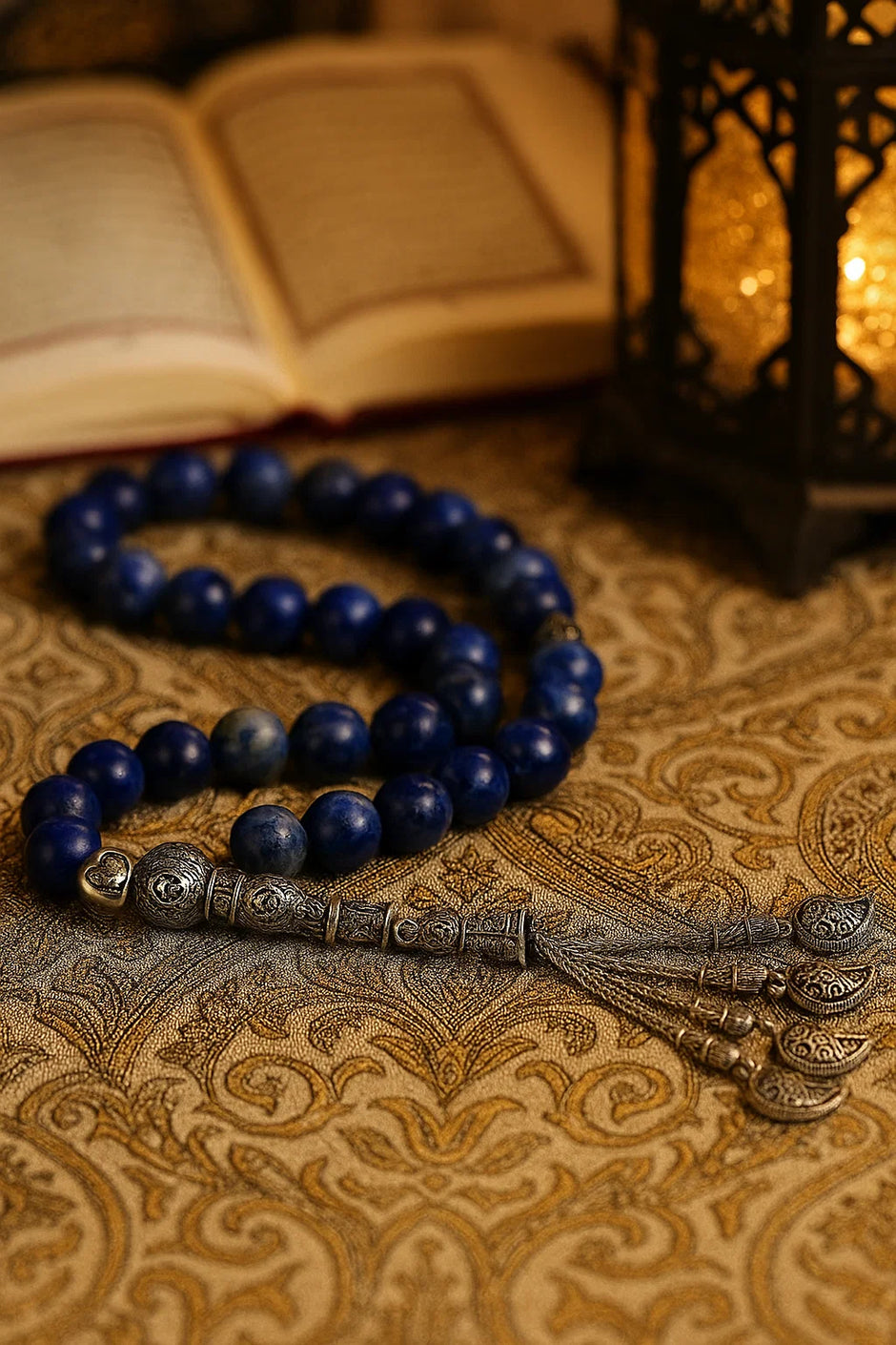 Lapis Lazuli Muslim Prayer Beads – Silver Leaf Tassel Tasbih