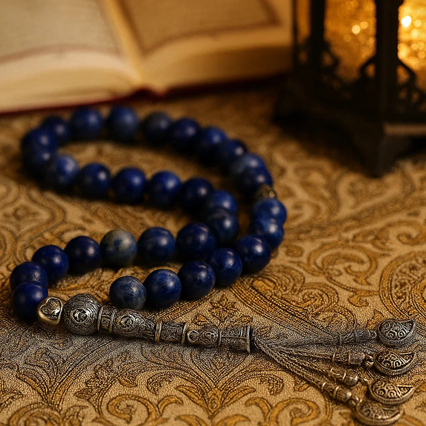Lapis Lazuli Muslim Prayer Beads – Silver Leaf Tassel Tasbih