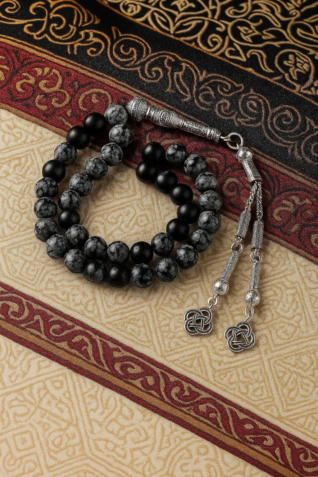 Snowflake Obsidian Tasbih — 33 Beads, Silver Tassel