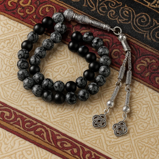 Snowflake Obsidian Tasbih — 33 Beads, Silver Tassel