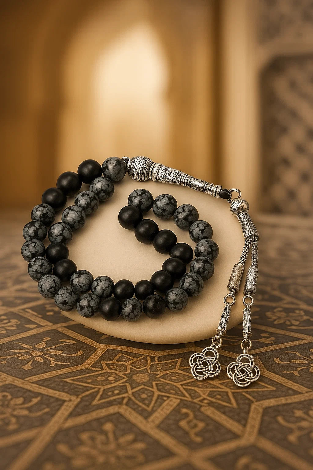 Snowflake Obsidian Tasbih — 33 Beads, Silver Tassel