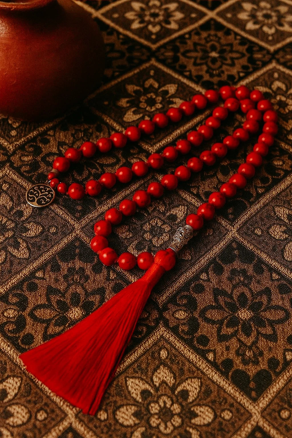 Red Turquoise Prayer Beads – 108 Mala Necklace with Tassel