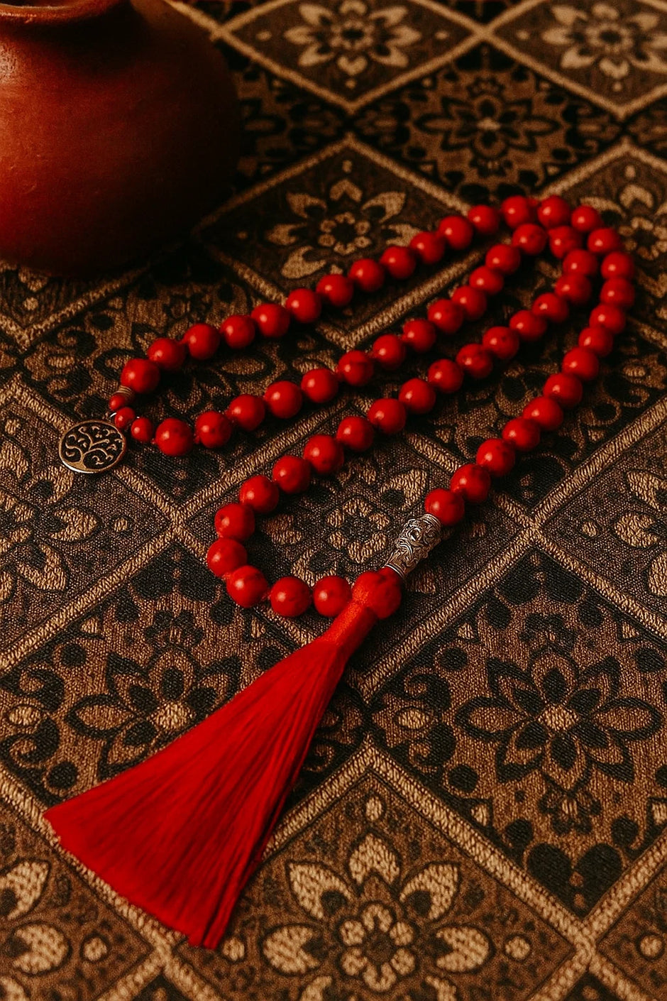 Red Turquoise Prayer Beads – 108 Mala Necklace with Tassel