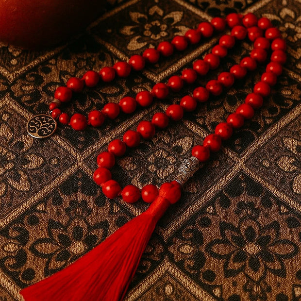 Red Turquoise Prayer Beads – 108 Mala Necklace with Tassel
