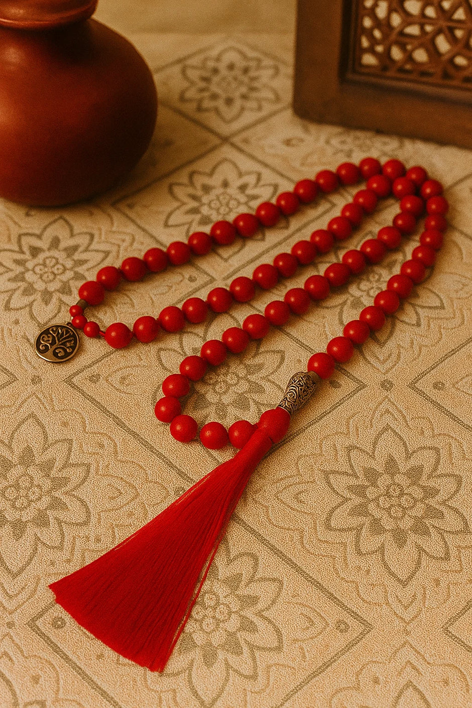 Red Turquoise Prayer Beads – 108 Mala Necklace with Tassel