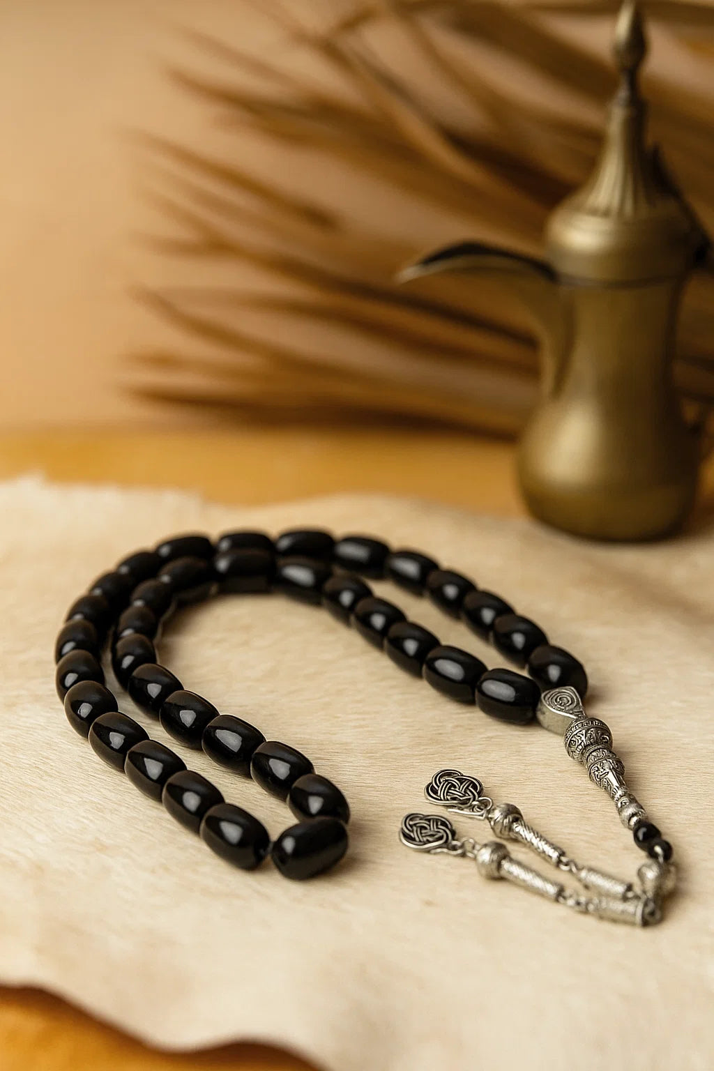 Black Onyx Tasbih – 33 Prayer Beads with Silver Tassel