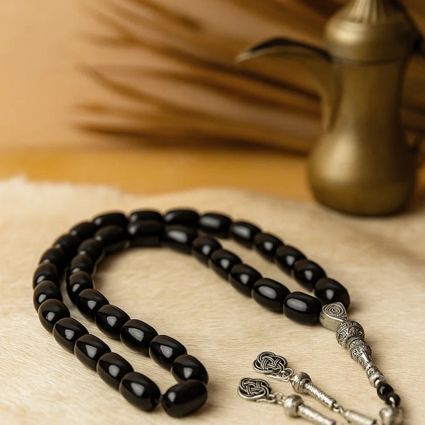 Black Onyx Tasbih – 33 Prayer Beads with Silver Tassel