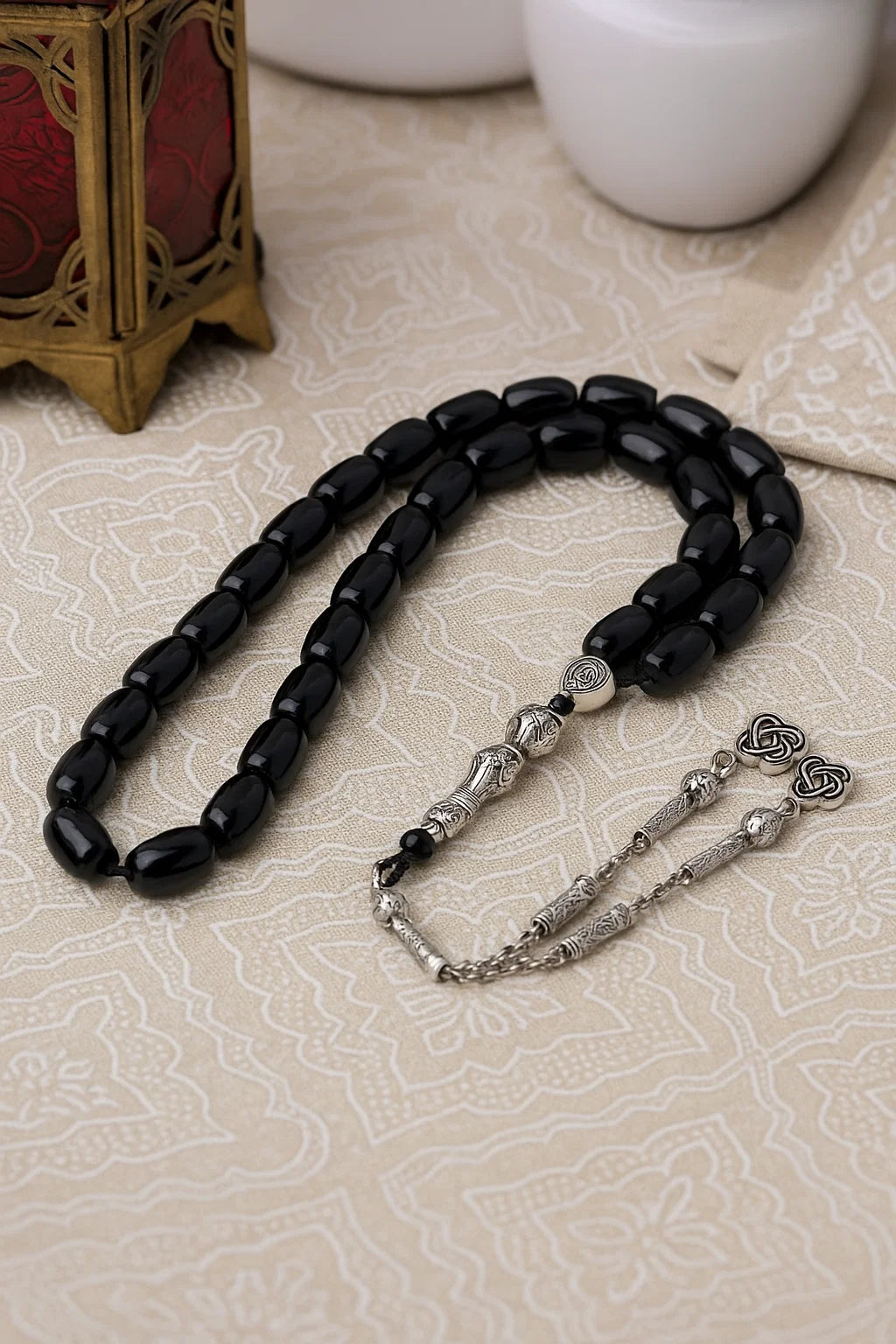 Black Onyx Tasbih – 33 Prayer Beads with Silver Tassel