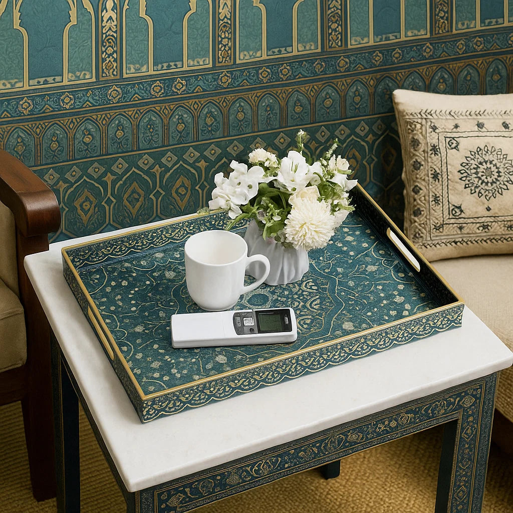 Moroccan Style Rectangular Serving Tray – Blue & Gold