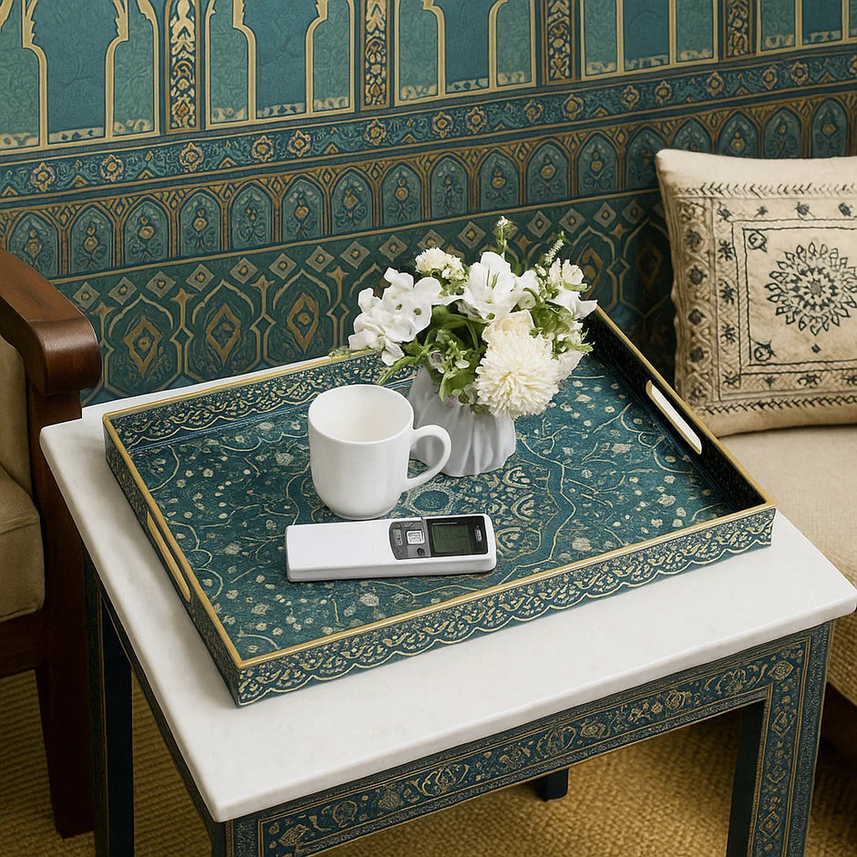 Moroccan Style Rectangular Serving Tray – Blue & Gold