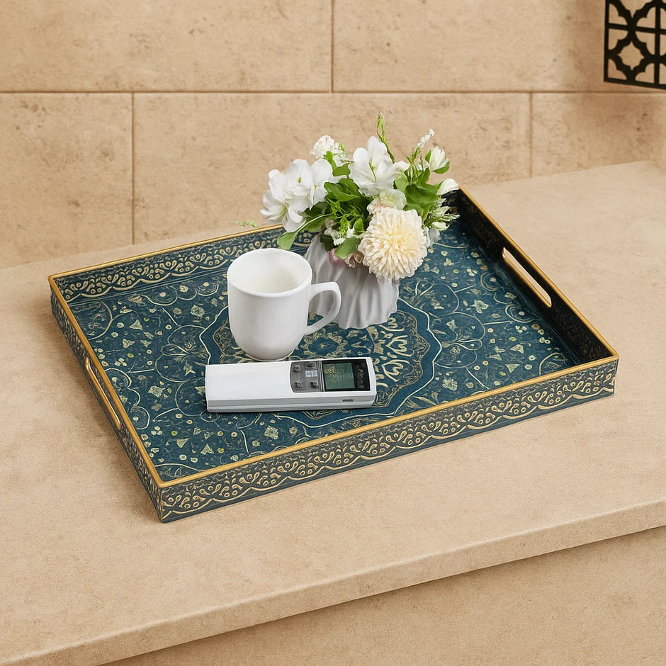 Moroccan Style Rectangular Serving Tray – Blue & Gold