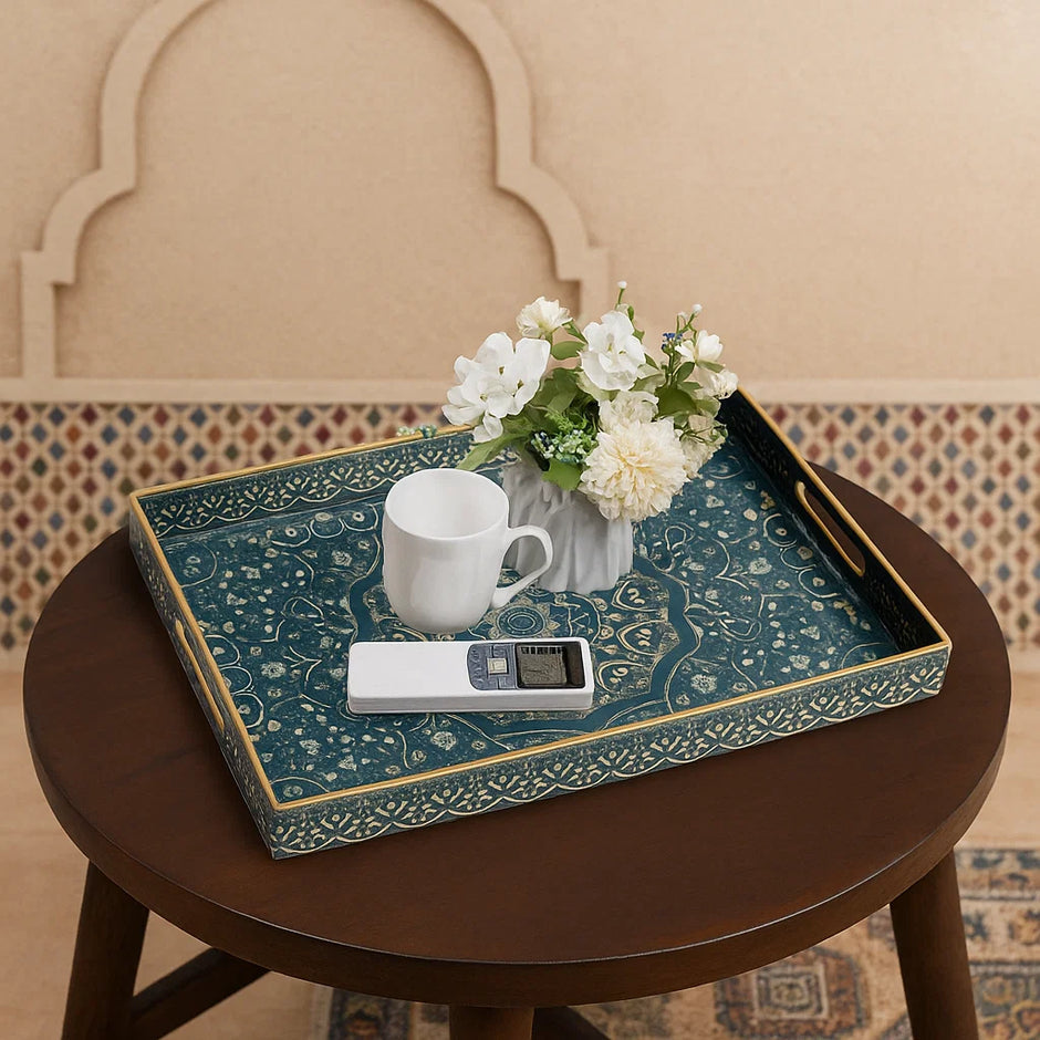 Moroccan Style Rectangular Serving Tray – Blue & Gold