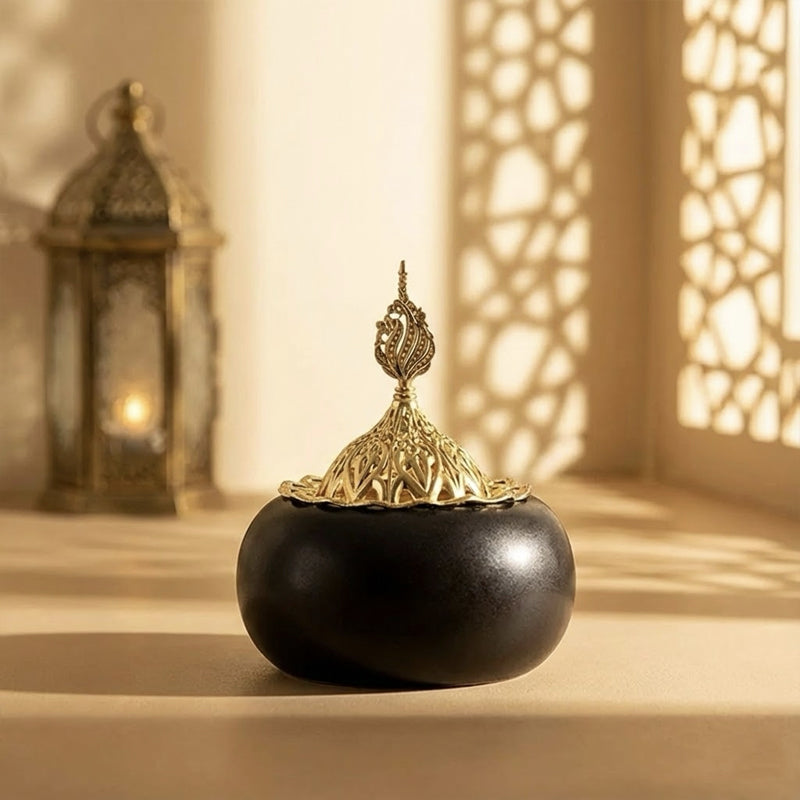 Moroccan Ceramic Incense Burner – Black & Gold