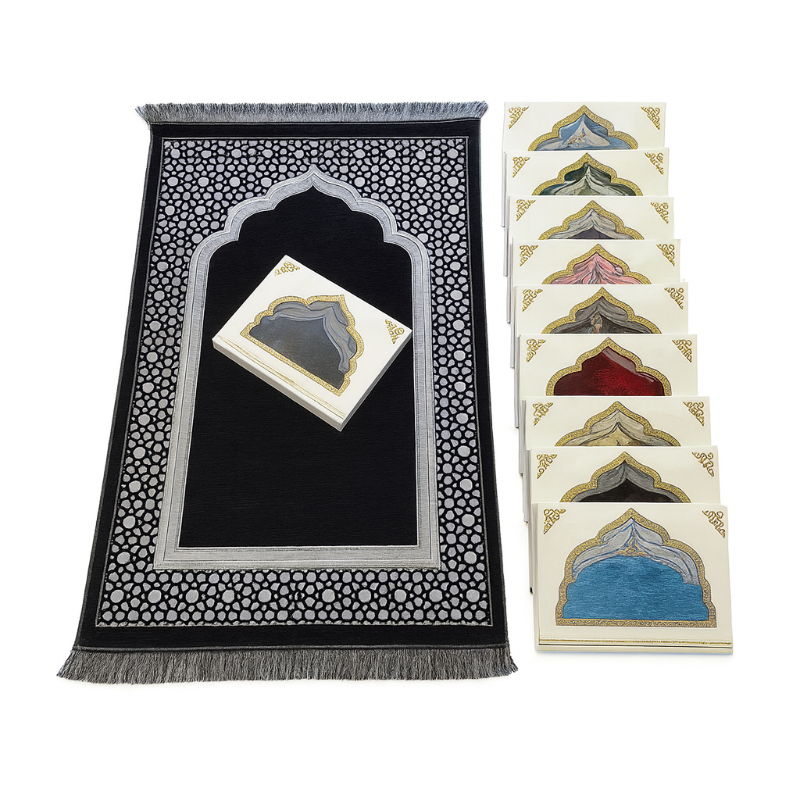 Black Prayer Mat & Tasbih 2-Piece Set