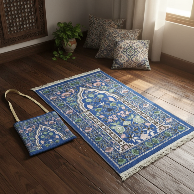Prayer Mat with Carry Bag – Blue Mihrab Design
