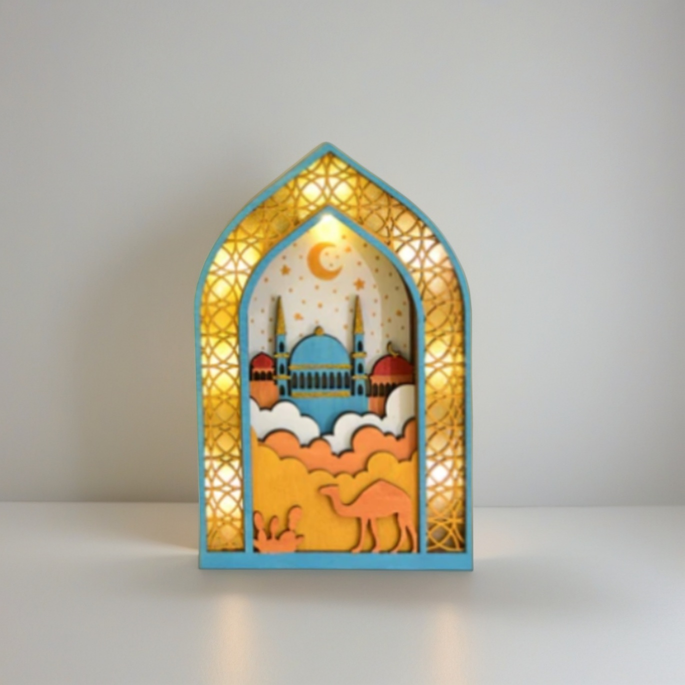 Ramadan Night Light – LED Wooden Mosque Arch (Blue)