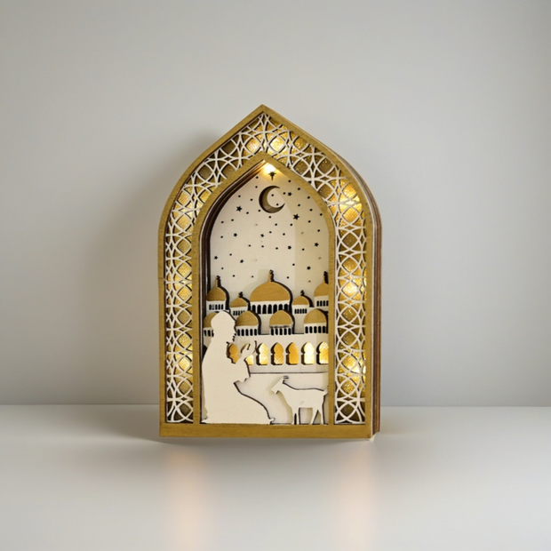 Ramadan Night Light – LED Wooden Mosque Arch (Golden Dome)