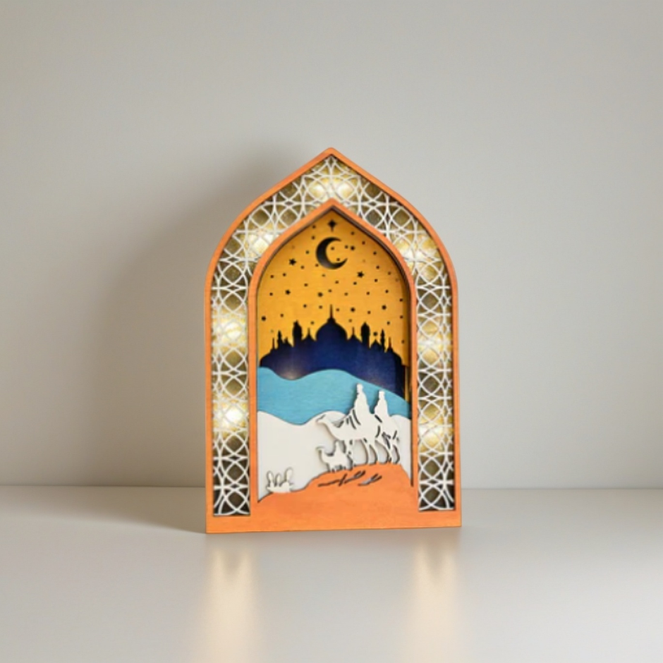 Ramadan Night Light – LED Wooden Mosque Arch (Desert Caravan)