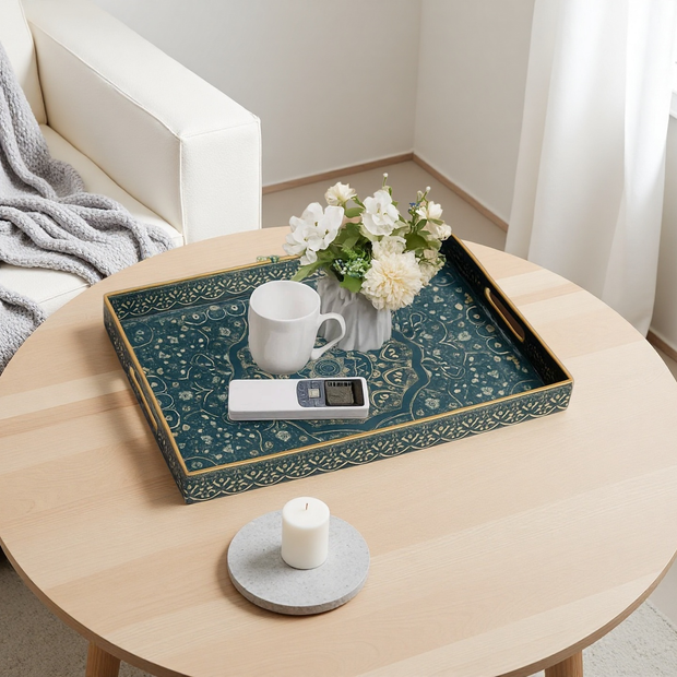 Moroccan Style Rectangular Serving Tray – Blue & Gold